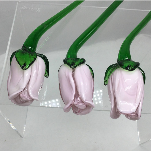 Hand Blown Glass Pink Rose Long Stem 15" - Picture 8 of 9